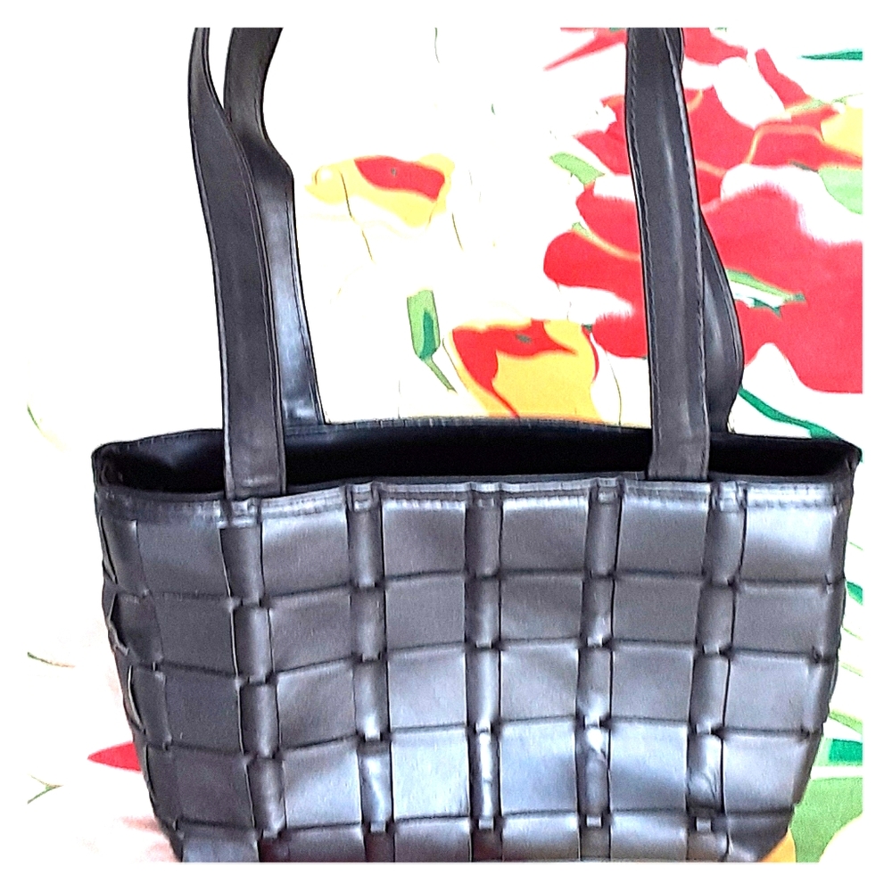Woven Leather Black Double Handle Bag